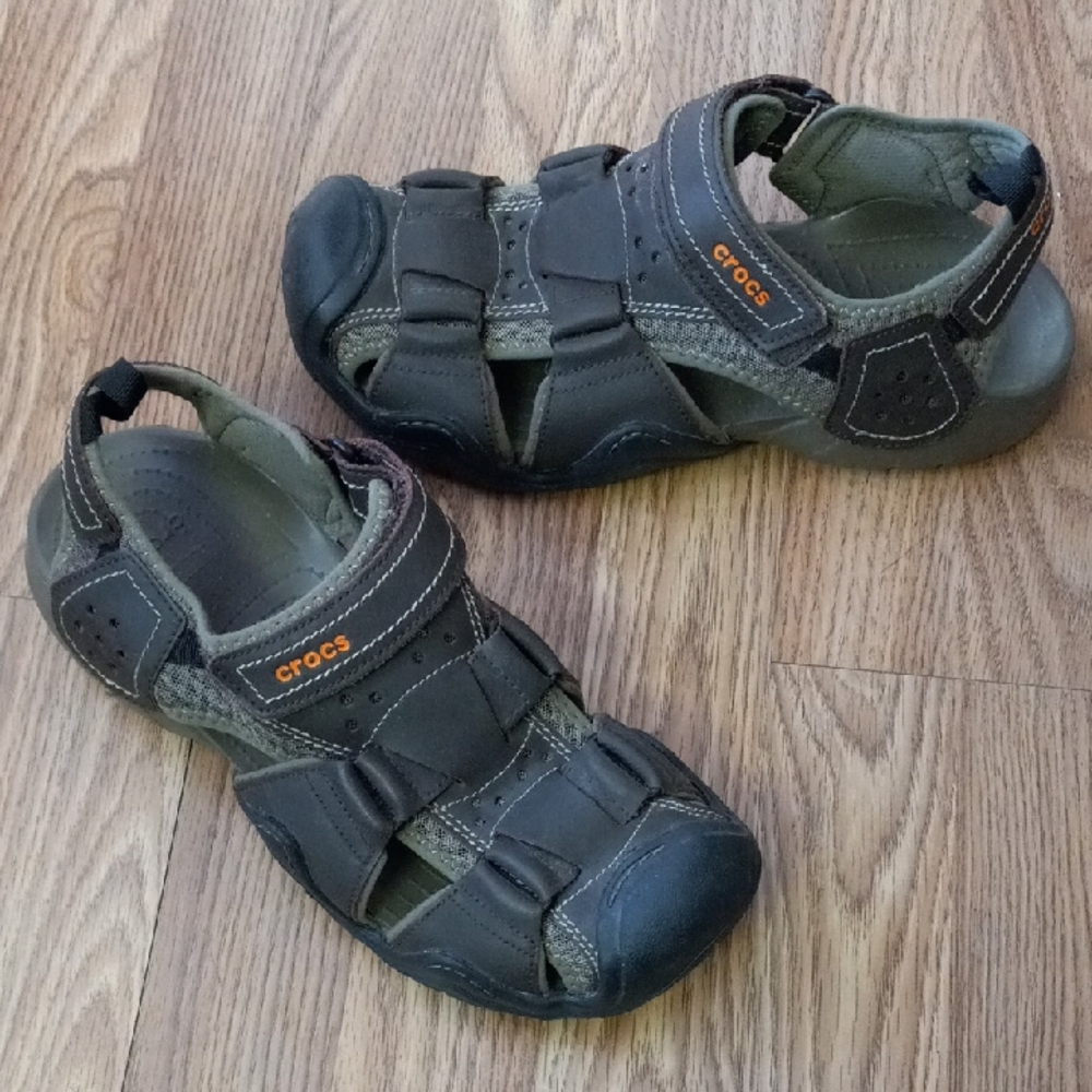 Mens 10 Crocs Velcro Sandals - Brown, Tan